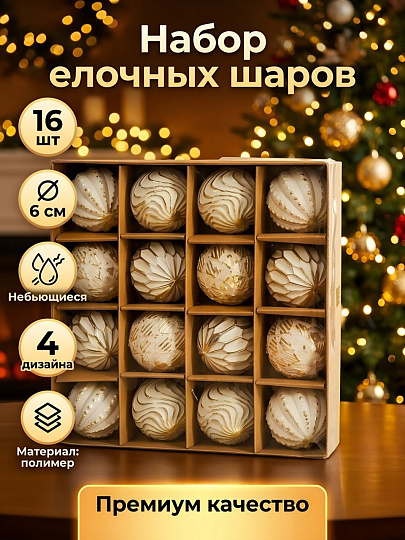 Елочный шар 16 шт, белый с патиной, 6 см, Y4-13242