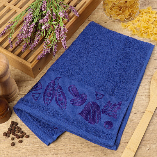 Полотенце кухонное махровое, 35х60 см, 100% хлопок, Вышневолоцкий текстиль, Бордюр овощи, темно-синее, 634, Россия, Ж1-3560.970.375