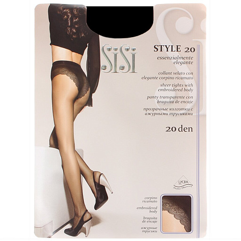 Колготки Sisi, Style, 20 DEN, р. 3, nero/черные, с ажурными трусиками и прозрачным мыском