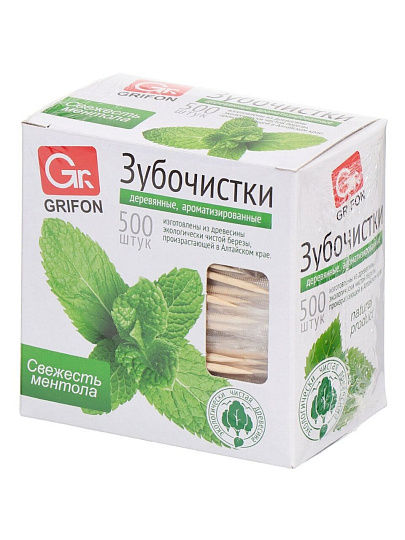 Зубочистки 500 шт, дерево, с ментолом, Grifon, 400-513
