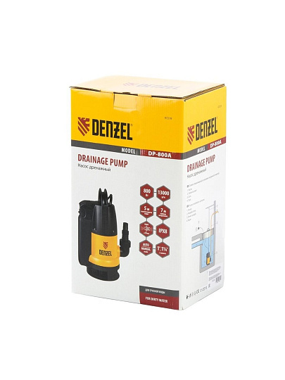 Насос дренажный, Denzel, 800 Вт, глубина погружения 7 м, 13 м³/ч, подъем 5 м, 13000 л/ч, DP800A