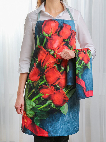 Набор кухонный фартук, прихватка, прихватка-варежка, полотенце, Узбекистан, 100% хлопок, Silvano, букет роз