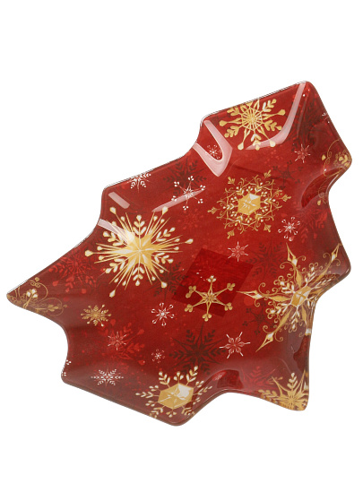 Блюдо стекло, 22.5х25 см, Снежинки на красном, Daniks