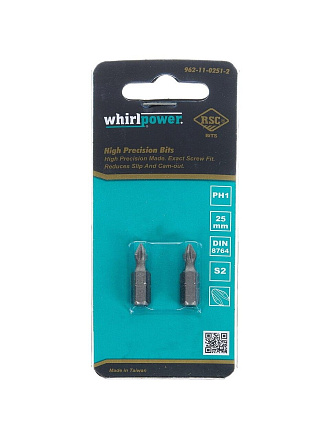 Набор бит для больших нагрузок, Whirlpower, PH1, 25 мм, 2 шт, блистер