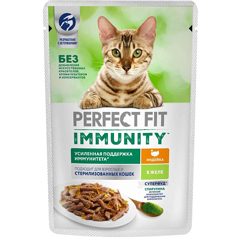 Корм для животных Perfect Fit, 75 г, для взрослых кошек, желе, индейка, для иммунитета, Q2969