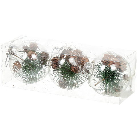 Елочный шар Блестки, шишки и сосновые иголки, 3 шт, прозрачный, 8 см, пластик, SY18CBC-30