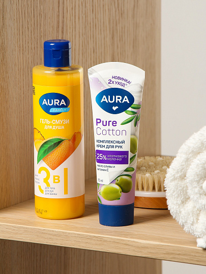 Набор подарочный для женщин, Aura, 3 в 1, гель-смузи для душа 250 мл, крем для рук комплексный 75 мл