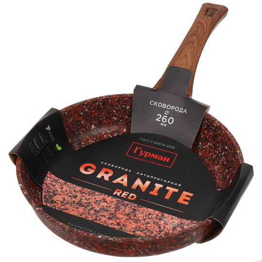 Сковорода алюминий, 26 см, антипригарное покрытие, Гурман, Granite Red, красная, ручка под дерево, ГМ2601 ГР