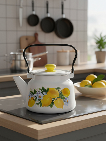 Чайник сталь, эмалированное покрытие, 2.3 л, с кнопкой, Сибирские товары, Лимоны, белый, С2714.3*97