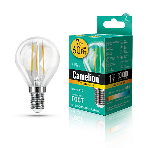 Лампа светодиодная 7Вт 220В 3000К Camelion LED7-G45-FL/830/E14