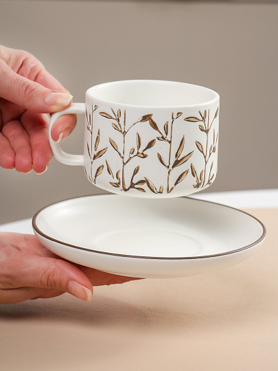 Набор чайный керамика, 12 предметов, на 6 персон, 220 мл, молочный, Веточки, B060505