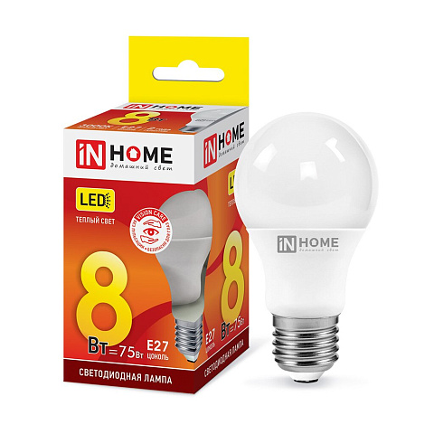 Лампа светодиодная E27, 8 Вт, 75 Вт, 230 В, груша, 3000 К, свет теплый белый, In Home