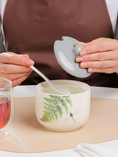 Сахарница 450 мл, керамика, 10.7х10.5х10.5 см, с ложкой, Prima Collection, Дикий папоротник, PC78WF450