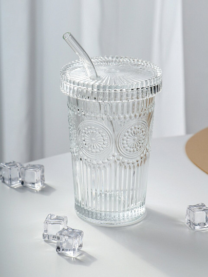Стакан 380 мл, стекло, с трубочкой, прозрачный, B060530
