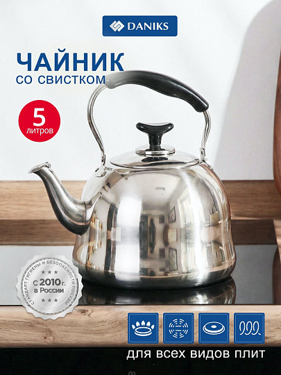 Чайник нержавеющая сталь, 5 л, со свистком, зеркальный, ручка металл, пластик, Daniks, GS-28224