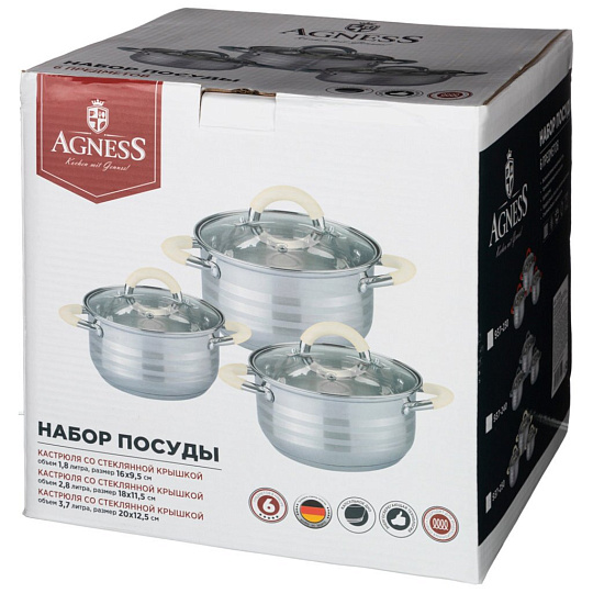 Набор кастрюль Agness, 6пр. 1,8/2,8/3,7 л, диа.16/18/20см, нерж.сталь, стекл.крышки, силик.ручками, 937-250