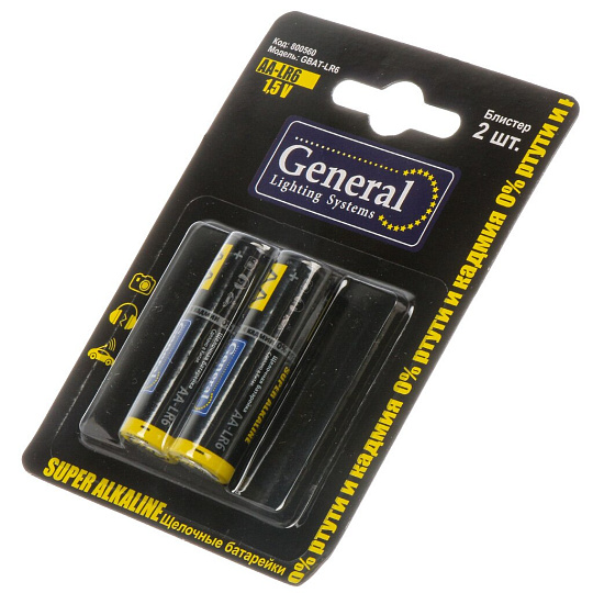 Батарейка General Lighting Systems, АА (LR6, 15A), GBAT-LR6, щелочная, 1.5 В, блистер, 2 шт, 800560