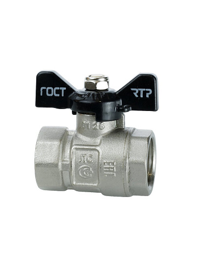 Кран для воды, 1/2'', г-г, латунь, ручка-бабочка, DN 40, никель, ГОСТ, RTP