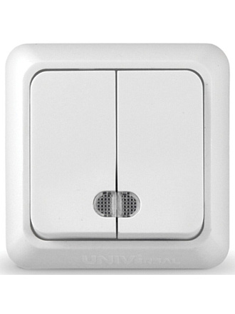 Выключатель открытой установки, двухклавишный, без заземления, 10 А, пластик, подсветка, белый, UNIVersal, Олимп, О0123