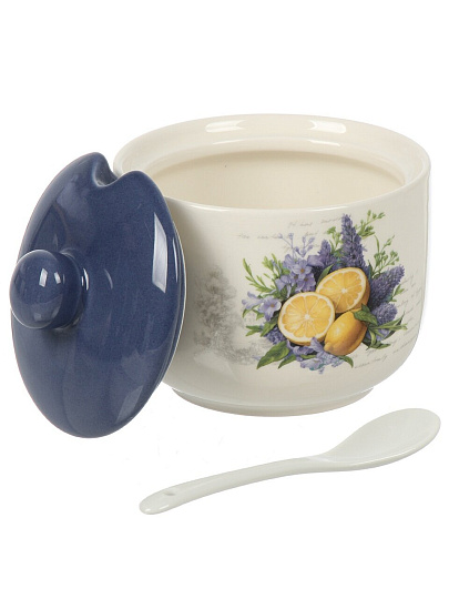 Сахарница 500 мл, доломит, 11.2х11.2х11 см, с ложкой, Daniks, Лаванда