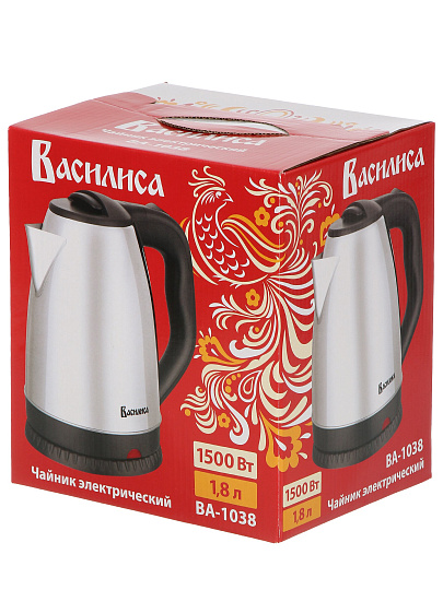 Чайник электрический Василиса, ВА-1038, серый, 1.8 л, 1500 Вт, скрытый нагревательный элемент, нержавеющая сталь