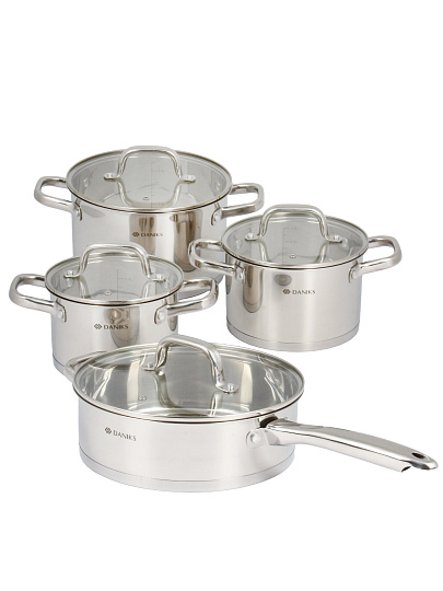 Набор посуды нерж, 8 пр, кастрюли 2.1,2.9,5.1 л, сковорода 3.1 л, индукц, Daniks, Рейн