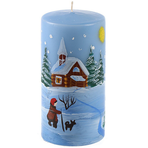 Свеча декоративная, 12х6 см, цилиндр, голубая, Зимний день, с новогодней росписью, 35 0558 8154