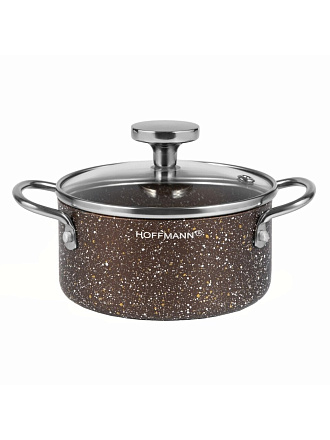 Кастрюля алюминий, 1.2 л, крышка стекло, Hoffmann, НМ 7767, коричневый мрамор, индукция