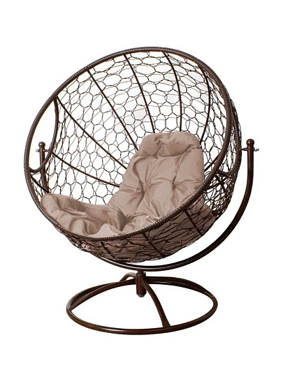 Кресло вращающееся ротанг, Гагарин, 106х69х139 см, коричневое, 150 кг, подушка бежевая, 11100201