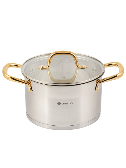 Кастрюля нержавеющая сталь, 3.9 л, крышка стекло, круглая, Daniks, Лайнс, SD-072-20, индукция