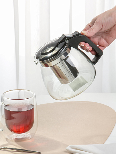 Чайник заварочный стекло, пластик, 0.9 л, с ситечком, Daniks, 329888, черный