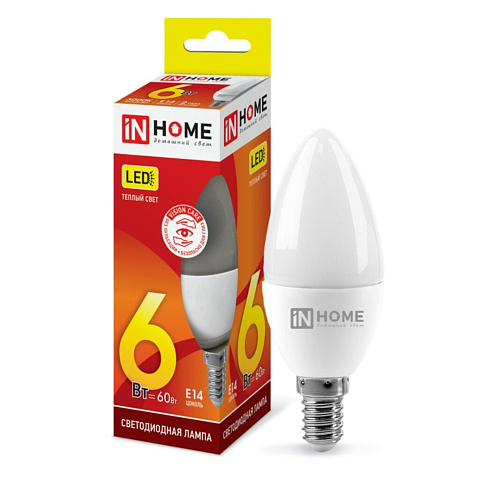 Лампа светодиодная E14, 6 Вт, 60 Вт, 230 В, свеча, 3000 К, свет теплый белый, In Home, LED-СВЕЧА-VC