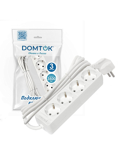 Удлинитель бытовой 4 гнезда, 3 м, ПВС, 3х1 мм², с заземлением, 16 А, 3500 Вт, Domtok, 2396