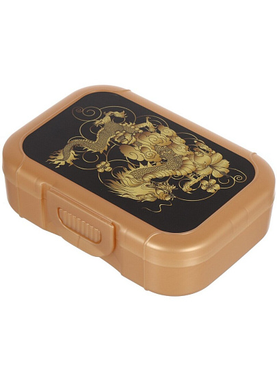 Набор посуды пластик, 0.85 л, 26.7х13х9.5 см, 2 шт, прямоугольный, ланч-бокс, стакан 420мл, с золотой крышкой, с декором, Дракон