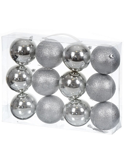 Елочный шар 12 шт, серебро, 10 см, пластик, SYQA-012147