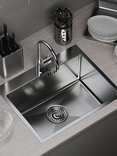 Мойка кухонная врезная, Mixline, Pro, нержавеющая сталь, 530х430х220 мм, 3 мм, выпуск 3 1/2, с сифоном, сатин