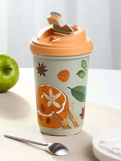 Термостакан пластик, 0.4 л, Бытпласт, Phibo Специи, с клапаном, с декором, бежевый, 435260030