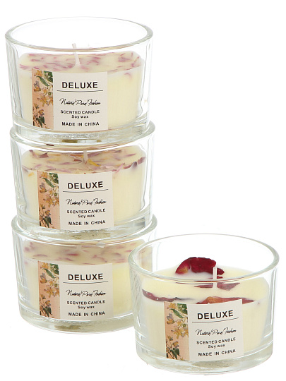 Набор свечей декоративных 5х7.5 см, в стакане, в ассортименте, воск, с лепестками цветов, А030168