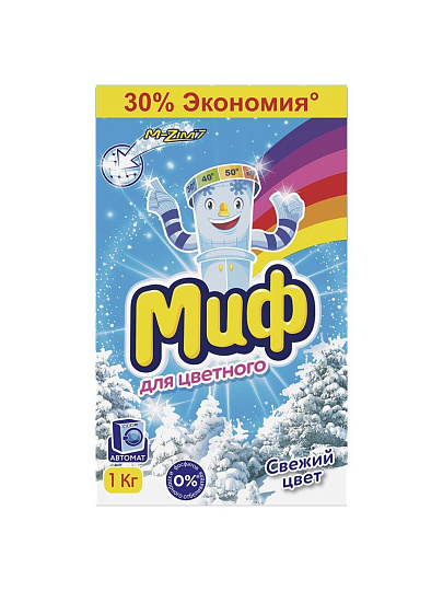 Стиральный порошок Миф, 1 кг, автомат, для цветного белья, 3в1 Свежий цвет