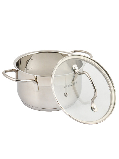 Кастрюля нержавеющая сталь, 1.9 л, крышка стекло, сталь 304, Daniks, Нолан, GS-01363-16CA, индукция