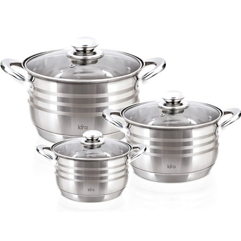 Набор посуды нержавеющая сталь, 6 предметов, кастрюли 2.1, 3.9, 6.5 л, Lara, Sonata, LR02-100