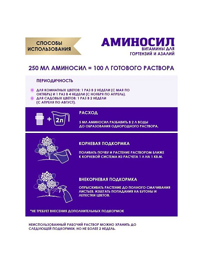Удобрение для гортензий и азалий, концентрат, минеральное, жидкость, 250 мл, Аминосил