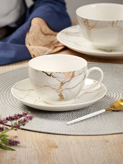 Чайная пара керамика, 2 предмета, на 1 персону, 250 мл, Daniks, Белый мрамор