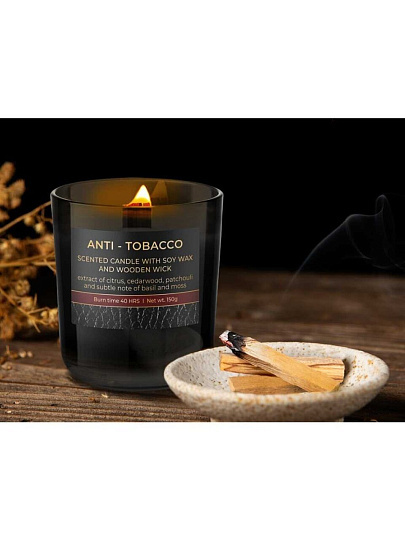 Свеча ароматизированная, в стакане, Bartek Candles, Антитабак, деревянный фитиль, 150 г