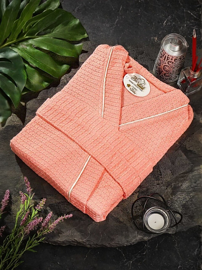 Халат женский, вафельный, 100% хлопок, пудровый персик, XXL-XXXL, 56-58, Barkas