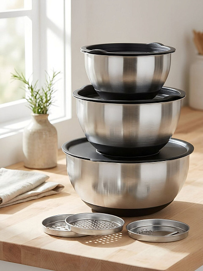 Набор мисок нержавеющая сталь, круглый, 3 шт, 16, 20, 24 см, с крышкой, с набором тёрок, Y4-11665