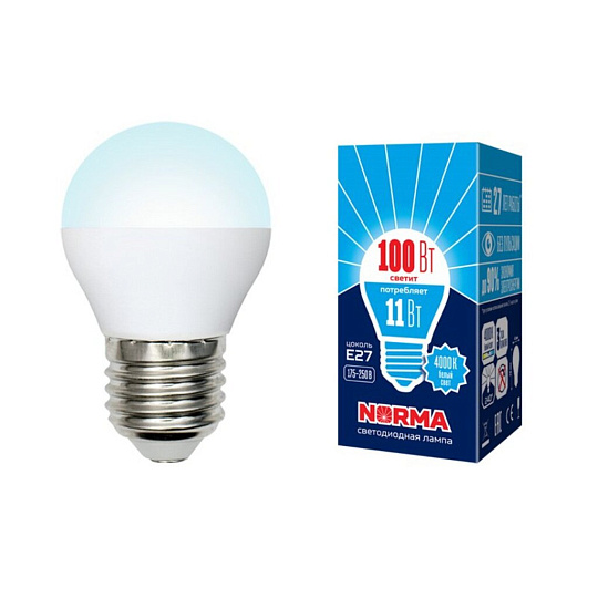 Лампа светодиодная E27, 11 Вт, 100 Вт, 175-250 В, шар, 4000 К, нейтральный белый свет, Volpe, Norma, матовая, UL-00003834