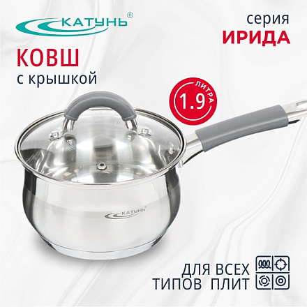 Ковш нержавеющая сталь, 1.9 л, крышка стекло, силиконовая ручка, индукция, Катунь, Ирида, КТ08-К