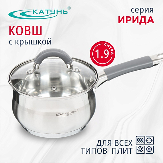Ковш нержавеющая сталь, 1.9 л, крышка стекло, силиконовая ручка, индукция, Катунь, Ирида, КТ08-К