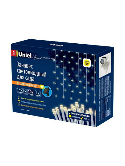 Занавес садовый Uniel, Warm White Curtain USL-S-131/PT1515, на солнечной батарее, подвесной, пластик, 192 светодиода, теплый свет